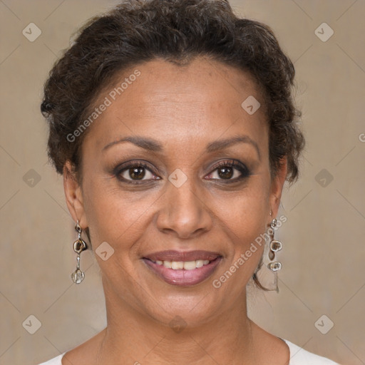 Joyful white adult female with short  brown hair and brown eyes