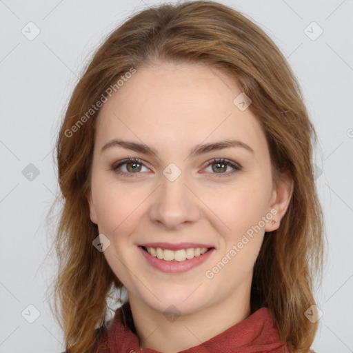 Joyful white young-adult female with medium  brown hair and green eyes