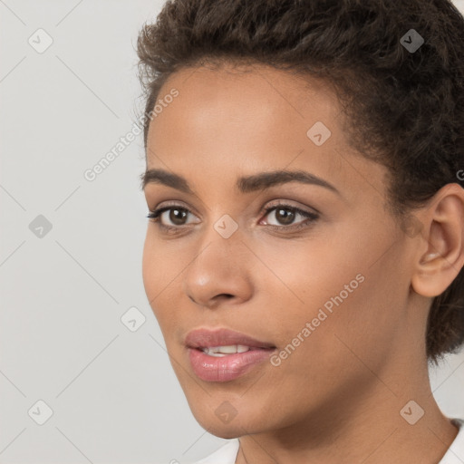 Neutral white young-adult female with short  brown hair and brown eyes