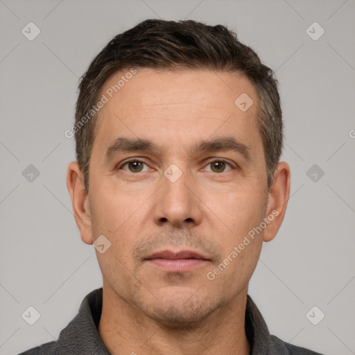 Neutral white adult male with short  brown hair and brown eyes