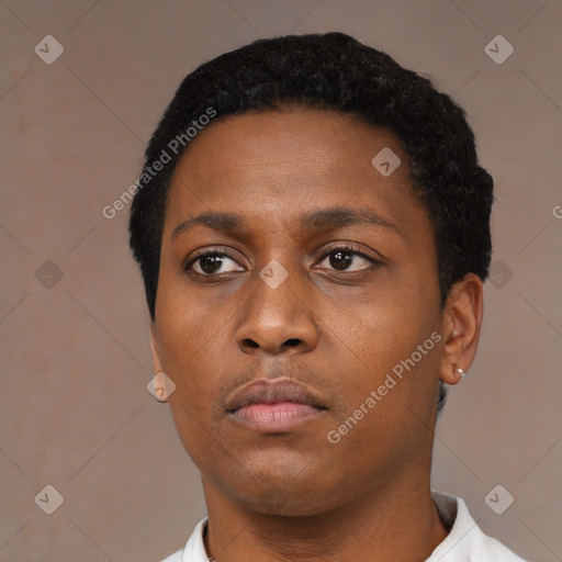 Neutral black young-adult female with short  black hair and brown eyes