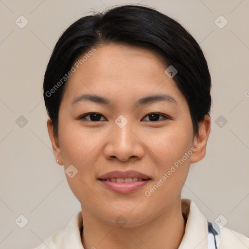 Joyful asian young-adult female with short  brown hair and brown eyes