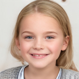 Joyful white child female with medium  brown hair and blue eyes