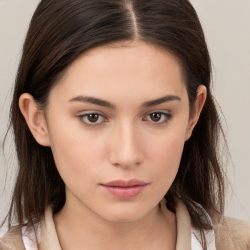 Neutral white young-adult female with medium  brown hair and brown eyes