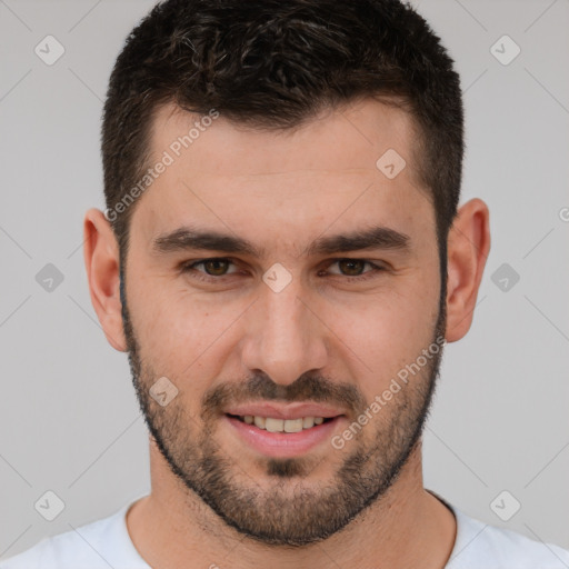 Joyful white young-adult male with short  brown hair and brown eyes