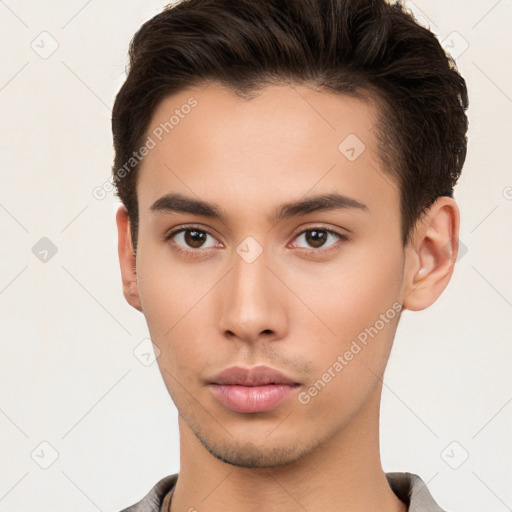 Neutral white young-adult male with short  brown hair and brown eyes