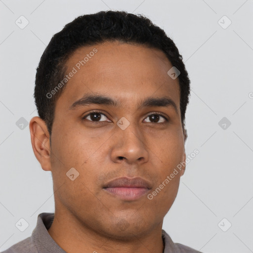 Neutral latino young-adult male with short  black hair and brown eyes