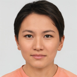 Neutral asian young-adult female with short  brown hair and brown eyes