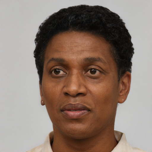 Neutral black adult male with short  black hair and brown eyes