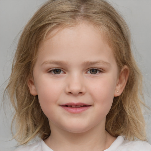 Neutral white child female with medium  brown hair and blue eyes