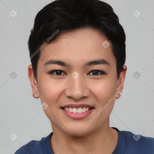 Joyful asian young-adult female with short  black hair and brown eyes