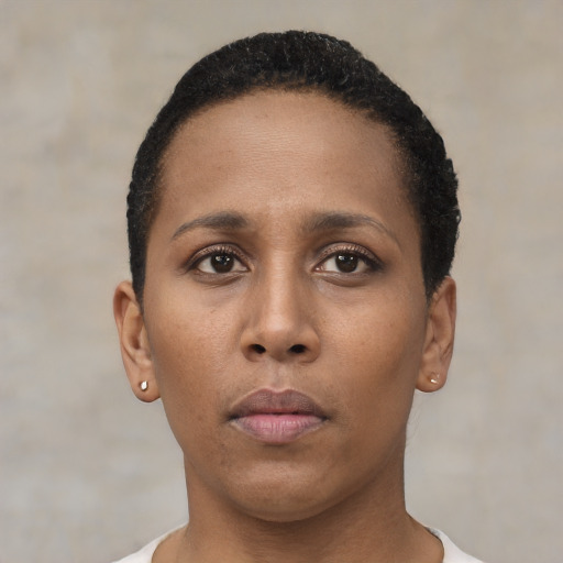 Neutral black young-adult female with short  black hair and brown eyes