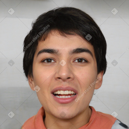 Joyful white young-adult male with short  black hair and brown eyes