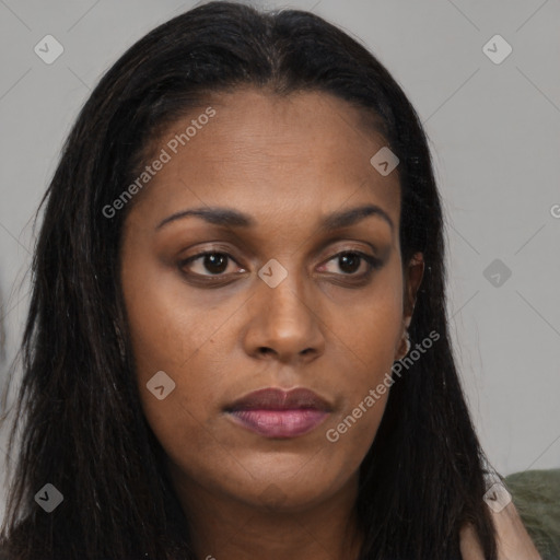 Neutral asian young-adult female with long  brown hair and brown eyes