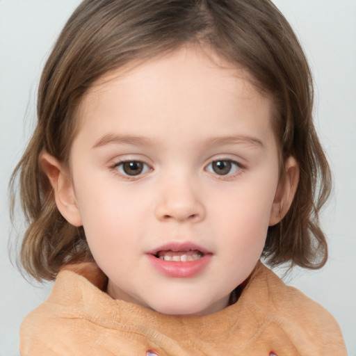 Neutral white child female with medium  brown hair and grey eyes