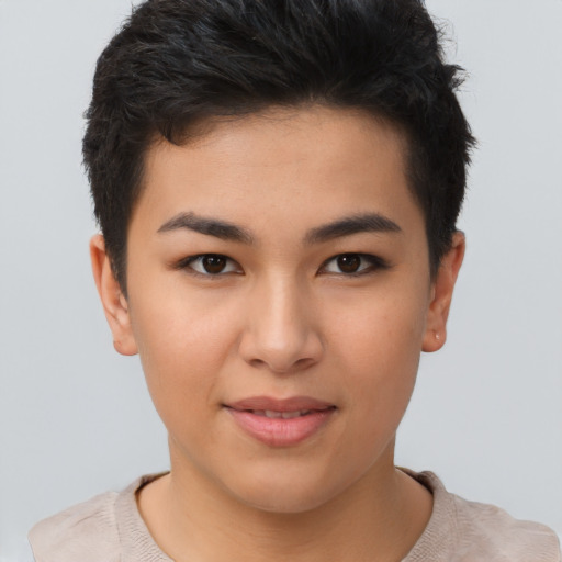 Joyful asian young-adult female with short  brown hair and brown eyes