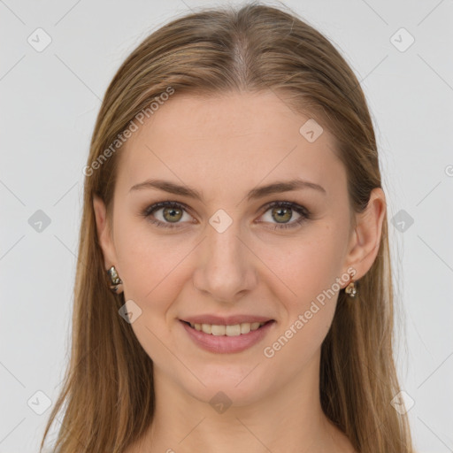 Joyful white young-adult female with long  brown hair and grey eyes