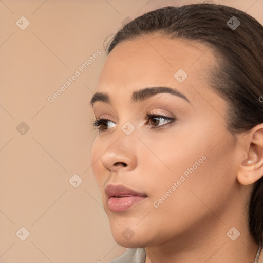 Neutral white young-adult female with long  brown hair and brown eyes