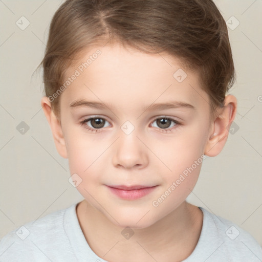 Joyful white child female with short  brown hair and brown eyes