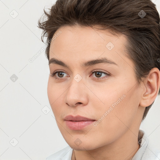 Neutral white young-adult female with medium  brown hair and brown eyes