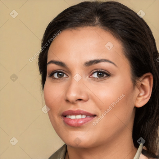 Joyful white young-adult female with medium  brown hair and brown eyes