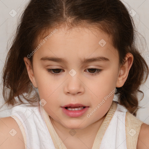 Joyful white child female with medium  brown hair and brown eyes