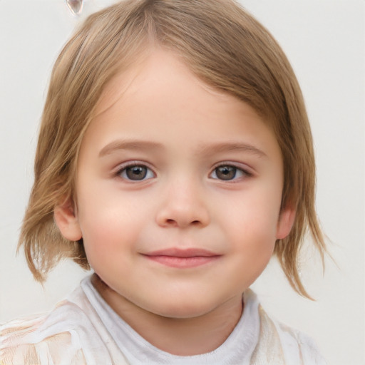 Joyful white child female with medium  brown hair and blue eyes