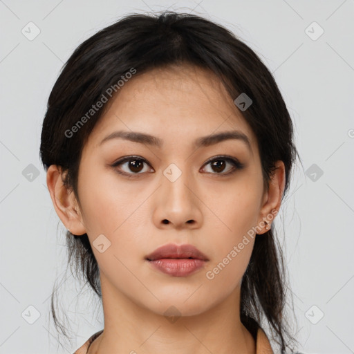 Neutral asian young-adult female with medium  brown hair and brown eyes