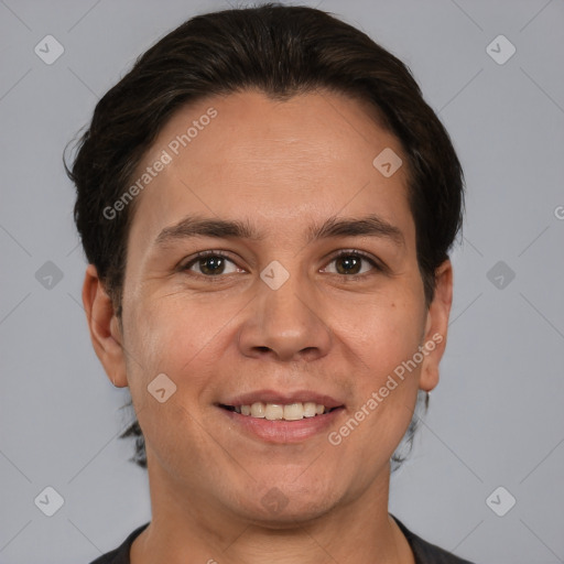 Joyful white adult male with short  brown hair and brown eyes