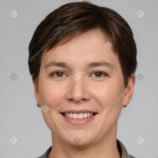 Joyful white young-adult female with short  brown hair and brown eyes