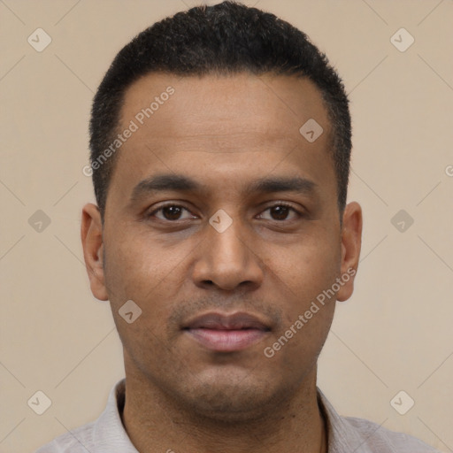 Neutral latino young-adult male with short  black hair and brown eyes