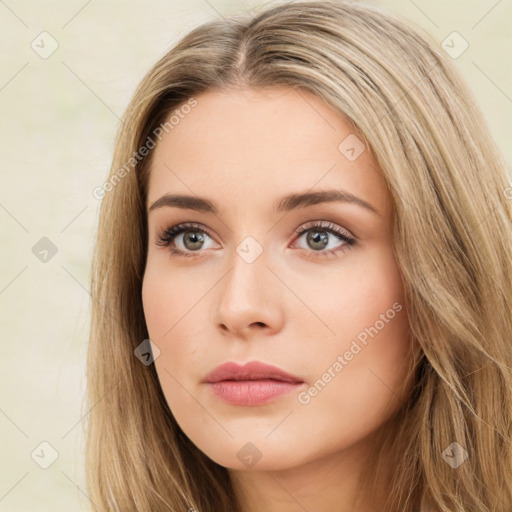 Neutral white young-adult female with long  brown hair and brown eyes