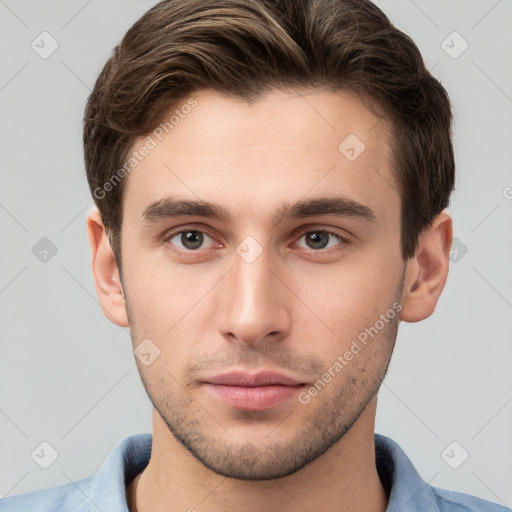 Neutral white young-adult male with short  brown hair and brown eyes