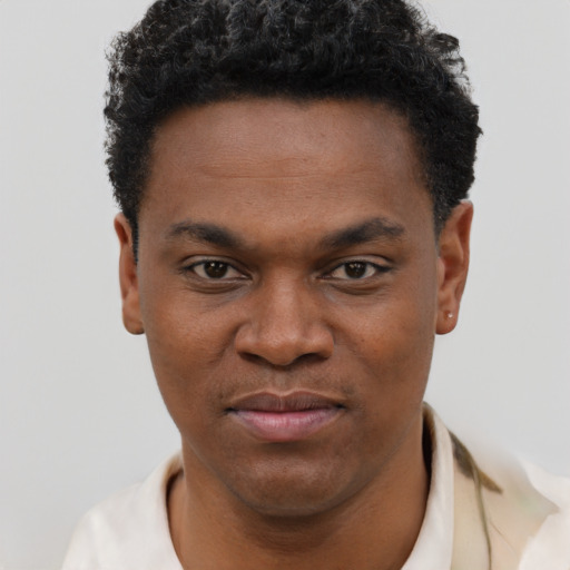 Joyful black young-adult male with short  brown hair and brown eyes