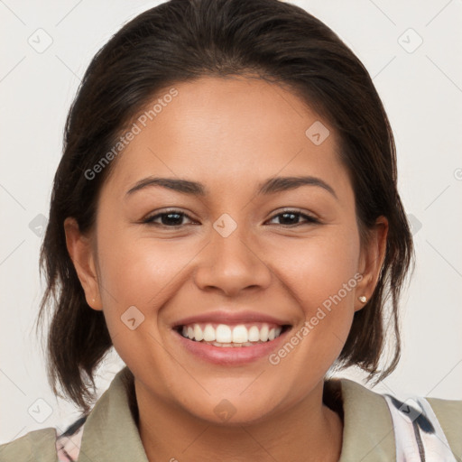 Joyful white young-adult female with medium  brown hair and brown eyes