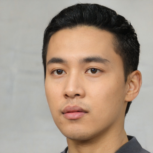 Neutral asian young-adult male with short  black hair and brown eyes