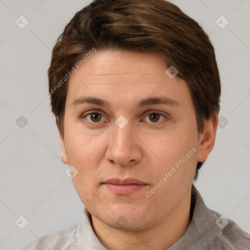 Joyful white adult female with short  brown hair and brown eyes