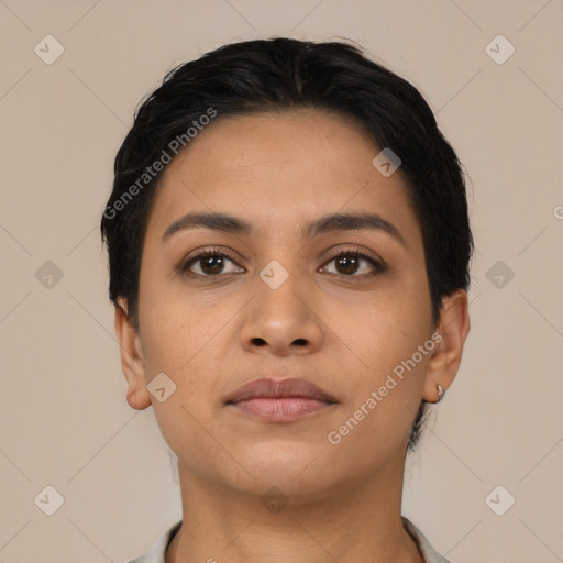 Neutral latino young-adult female with short  black hair and brown eyes