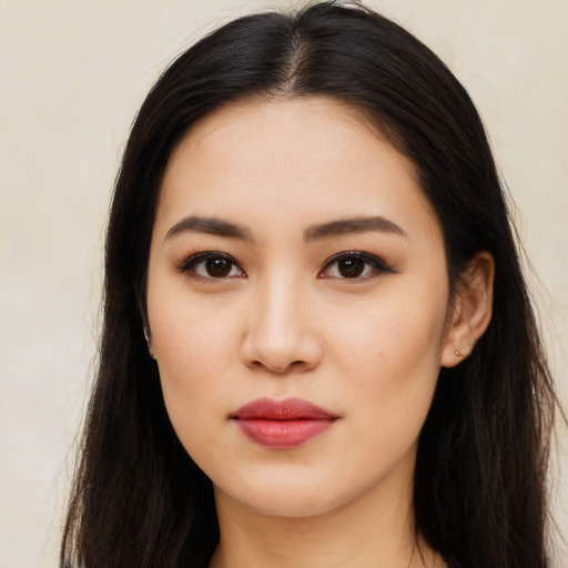 Neutral latino young-adult female with long  brown hair and brown eyes