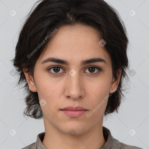 Neutral white young-adult female with medium  brown hair and brown eyes