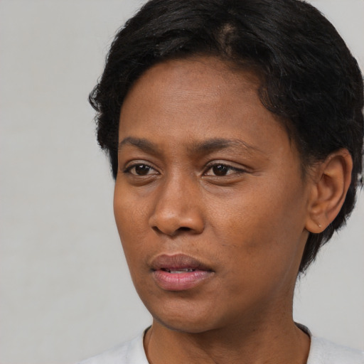Neutral black young-adult female with short  black hair and brown eyes