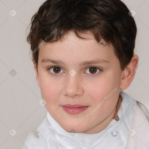 Joyful white child female with short  brown hair and brown eyes