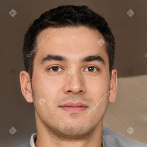 Neutral white young-adult male with short  brown hair and brown eyes