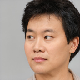 Neutral asian young-adult male with short  brown hair and brown eyes