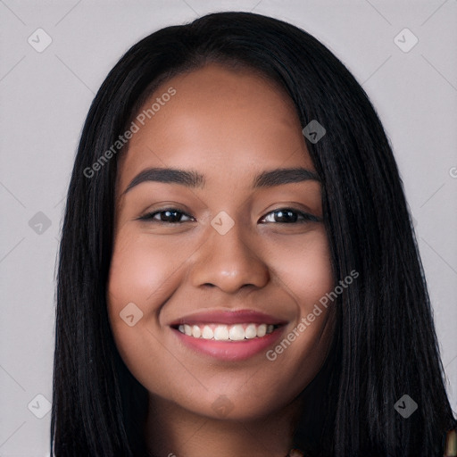 Joyful white young-adult female with long  black hair and brown eyes