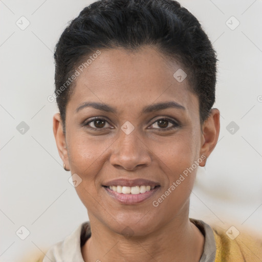 Joyful white young-adult female with short  brown hair and brown eyes