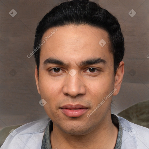 Joyful white young-adult male with short  black hair and brown eyes