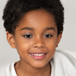 Joyful black child female with short  brown hair and brown eyes