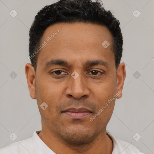 Neutral latino adult male with short  brown hair and brown eyes
