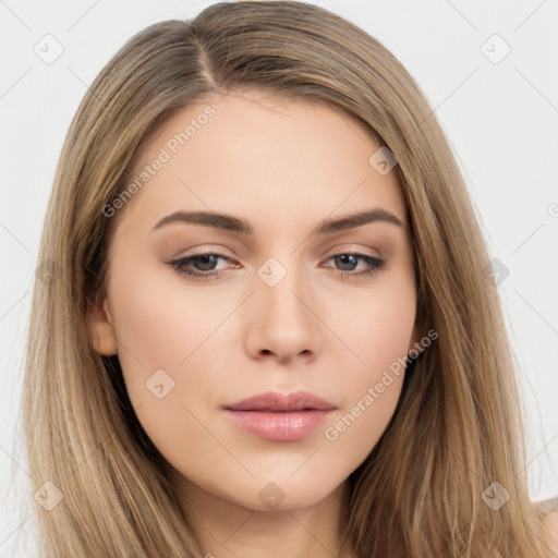 Neutral white young-adult female with long  brown hair and brown eyes